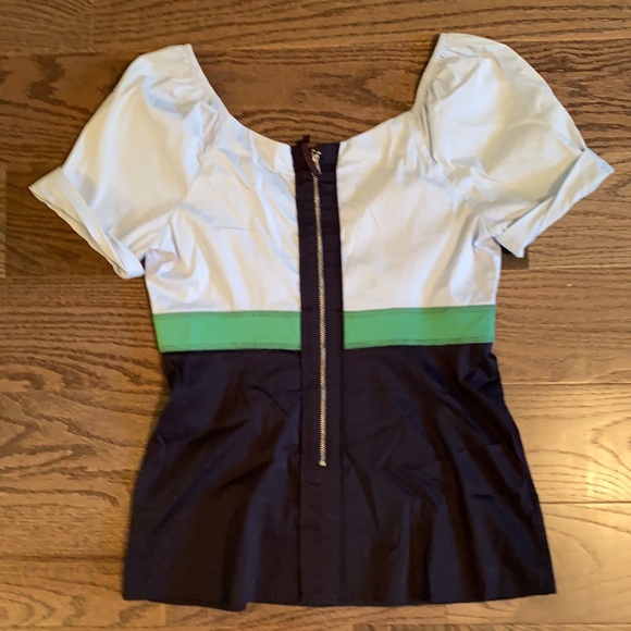 BCBG Max Azria peplum blouse in sheer cotton spandex blend. - Picture 5 of 7